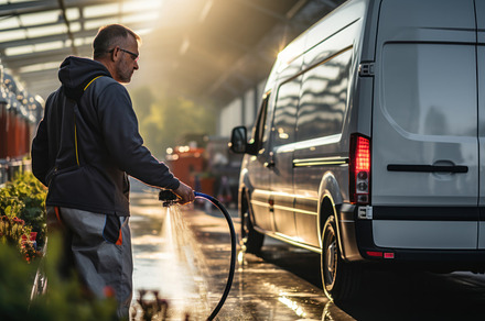 Mature man cleaning car van with high pressure water jet at auto, a Person Photo by AS photostudio