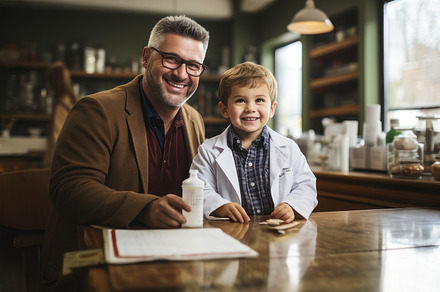 Pharmacist doctor father and his son in lab coat sitting at tabl, a Photo by AS photostudio