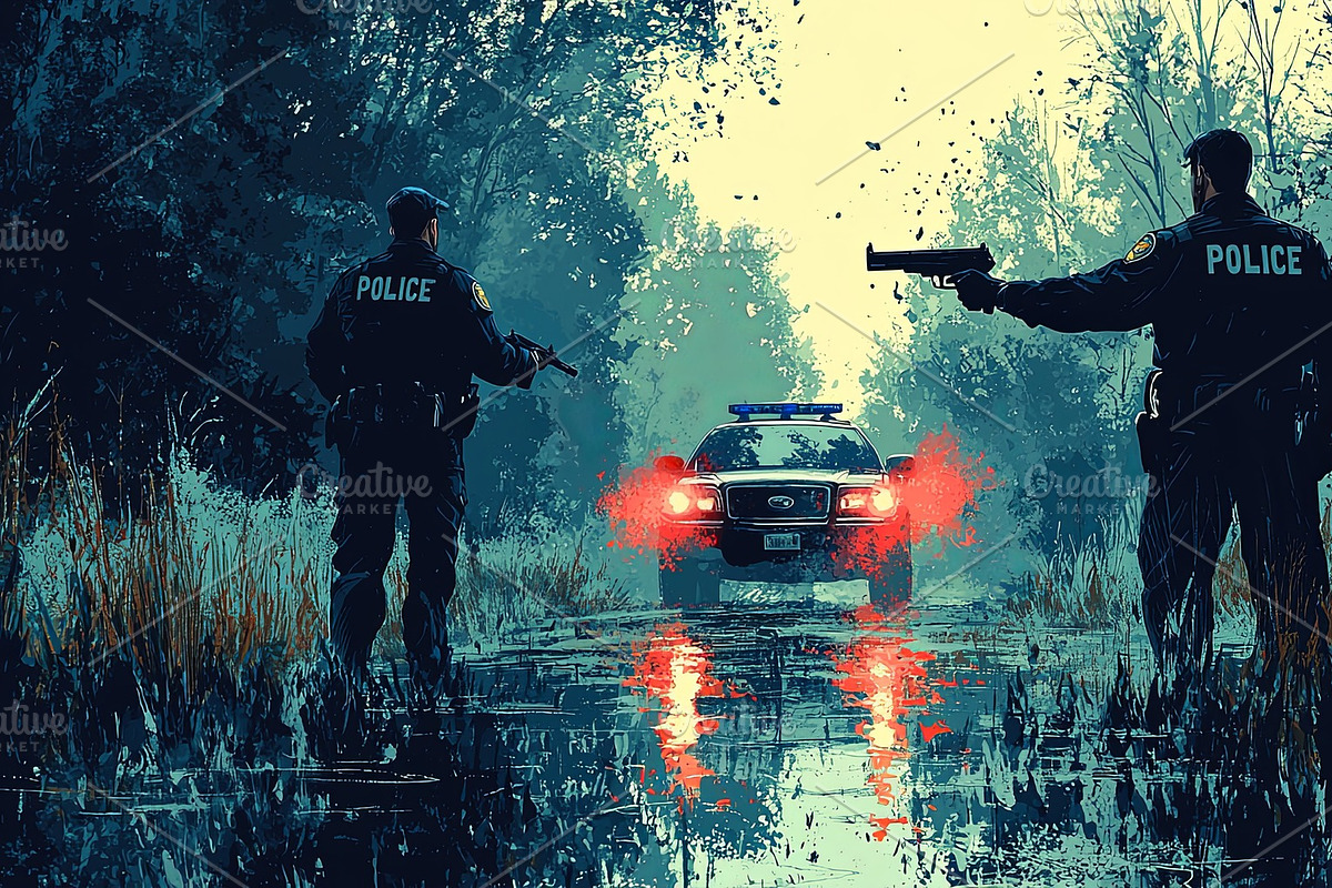 Two Police Officers Stand Alert With Guns Drawn Near a Patrol Car on Duty, an Illustration by AS photostudio