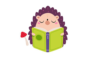 Cute baby hedgehog reading book, an Animal Illustration by TopVectors