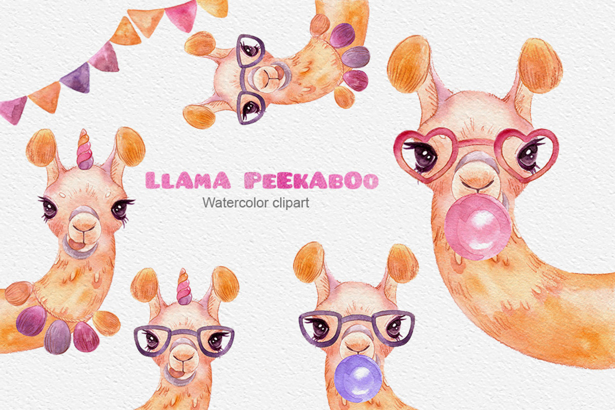 Llama peekaboo - watercolor clipart, an Animal Illustration by DigitalDream (Photo 1 of 5)