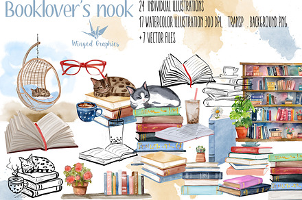 Watercolor book nook illustrations, an Education Illustration by Winged Graphics