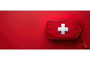 Compact red first aid kit on red, a Health & Medical Photo by piter.goskov