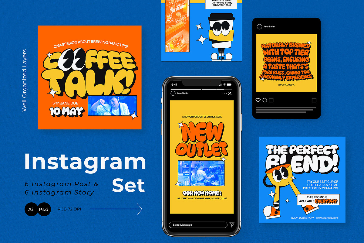 Retro Coffee Shop Instagram Set, a Social Media Template by graphicook (Photo 1 of 6)