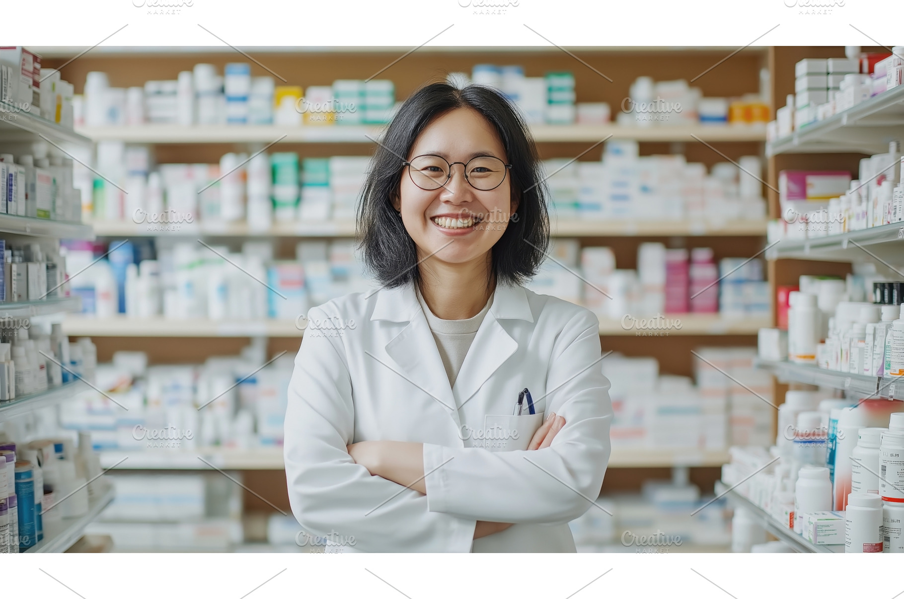 Asian female pharmacist standing, a Health & Medical Photo by Sergey Kotenev