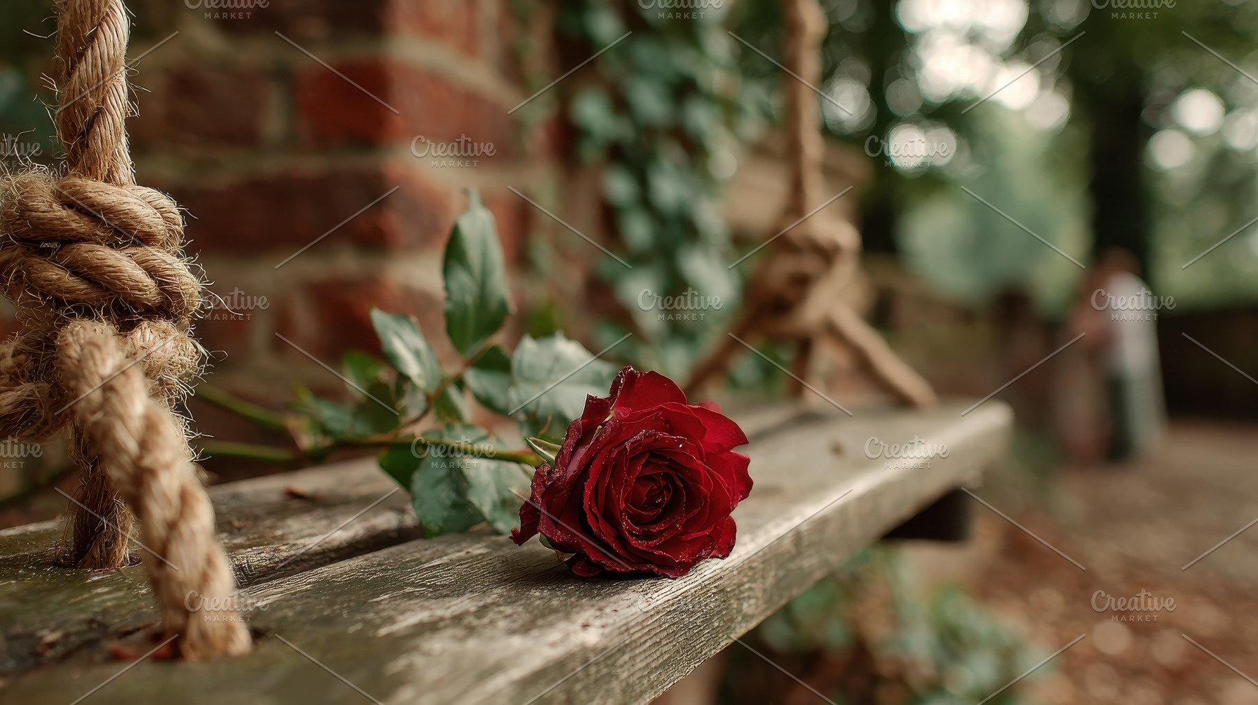 Red rose on rustic wooden swing roma, a Photo by Pixeness Studio