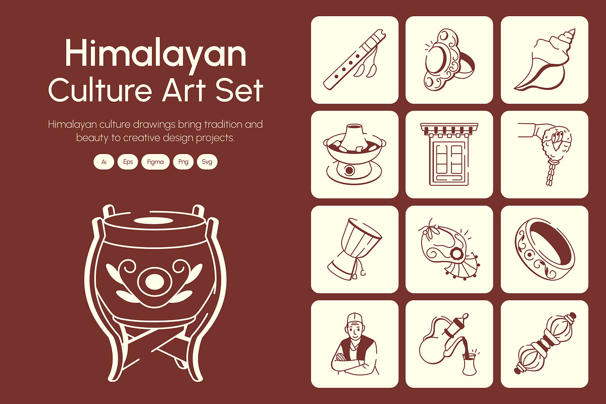 Himalayan Culture Drawing Art Set, an Outline Icon by Vectors Market (Photo 1 of 8)