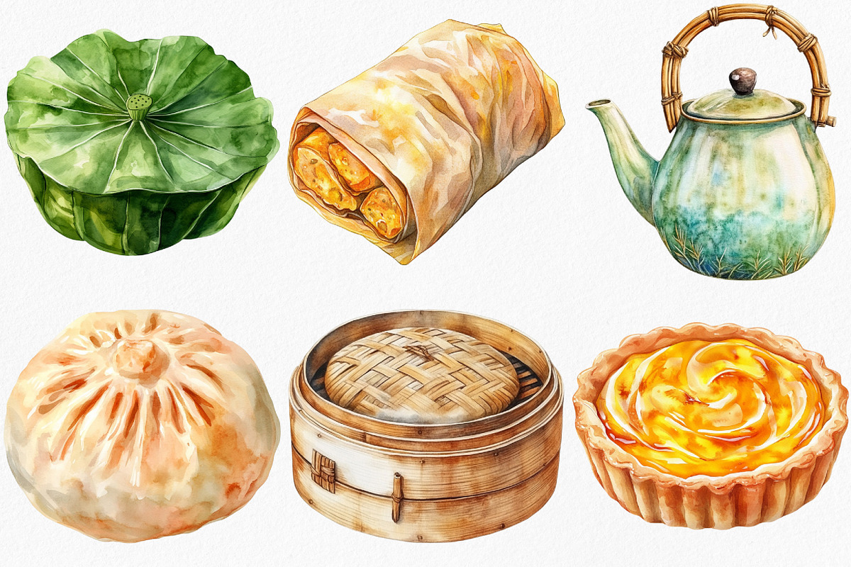 Watercolor Chinese Dim Sum Clipart, an Illustration by Canvas Craft (Photo 2 of 8)