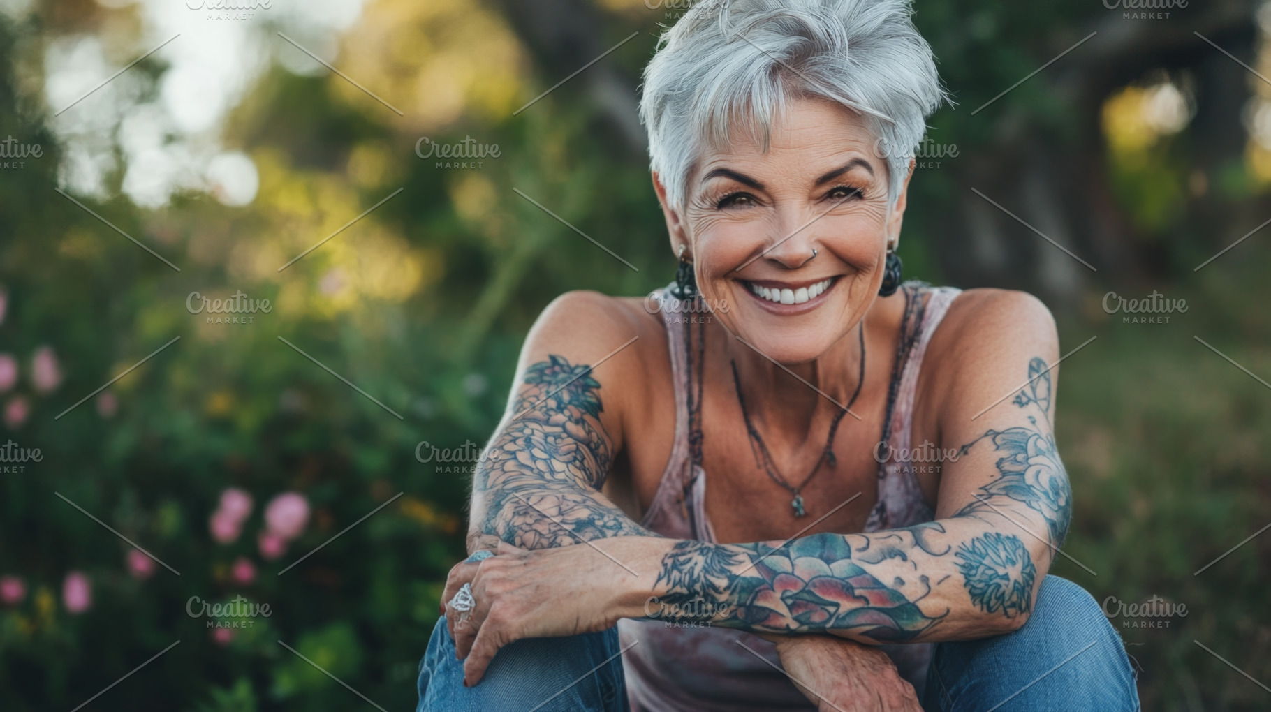 Cheerful senior woman with tattoos in a garden setting, an Abstract Photo by Natalia Klenova's Shop