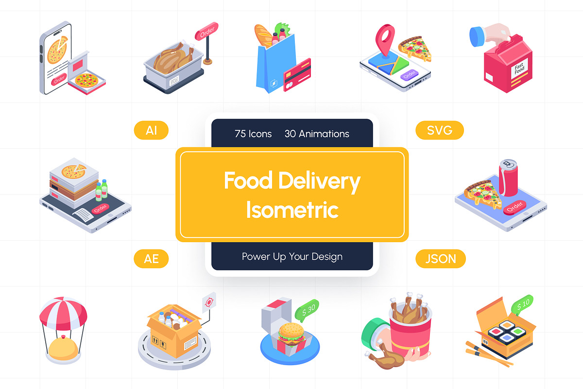 Food Delivery Isometric Icons, an Emoji Icon by Vectors Market (Photo 1 of 9)