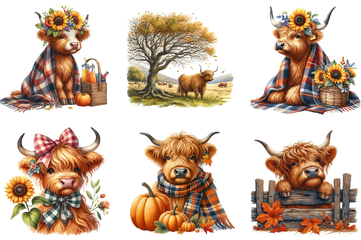 Watercolor Autumn Highland Cows, a Seasonal Illustration by DreamArtGraphic (Photo 4 of 4)
