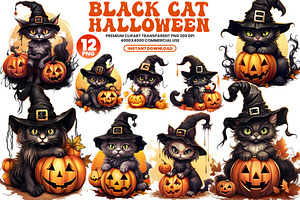 Halloween Black Cat Clipart Bundle, a Seasonal Illustration by Creative Arslan