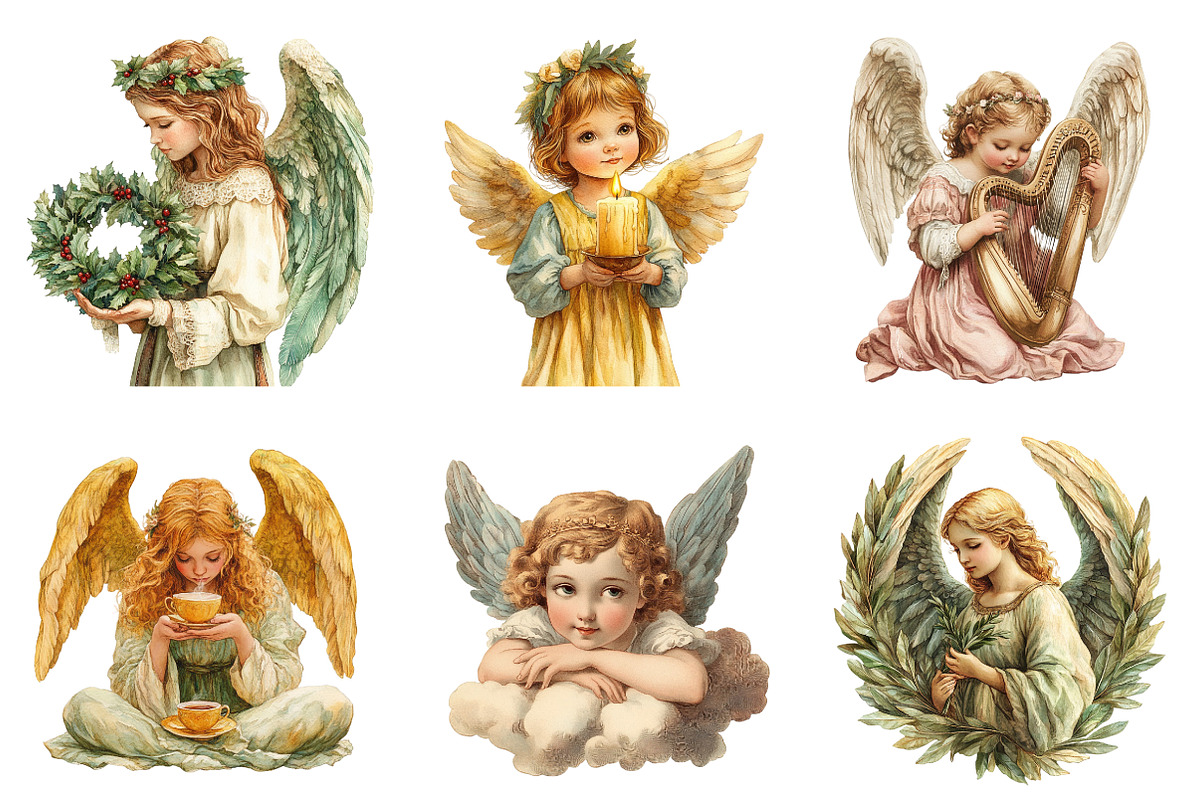 Vintage Angel Clipart Set PNG, an Illustration by SinaCreation (Photo 3 of 5)