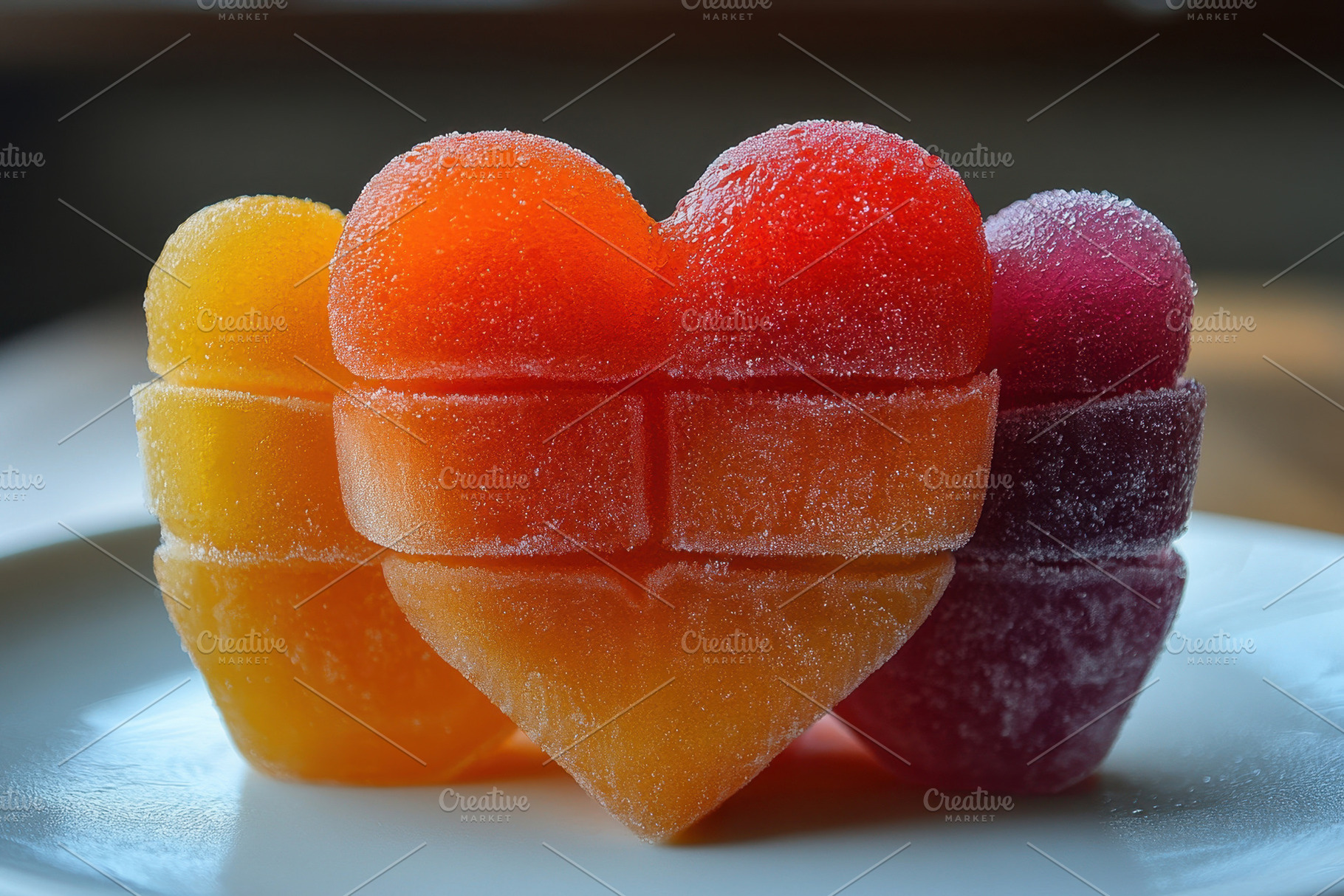 Colorful heart-shaped gelatin desser, a Photo by Tanuart