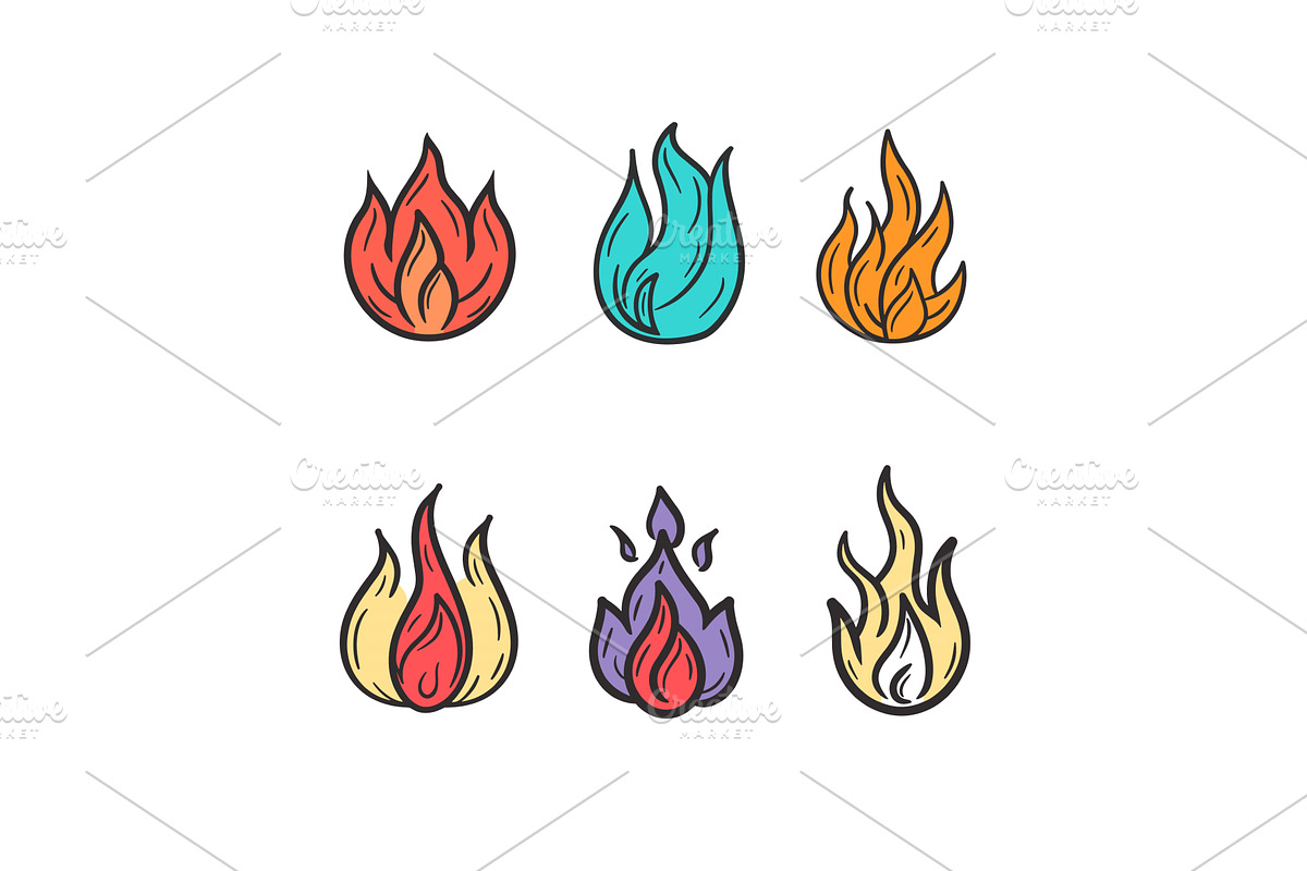 Six colorful flames various hues, an Illustration by Vectorstockersland