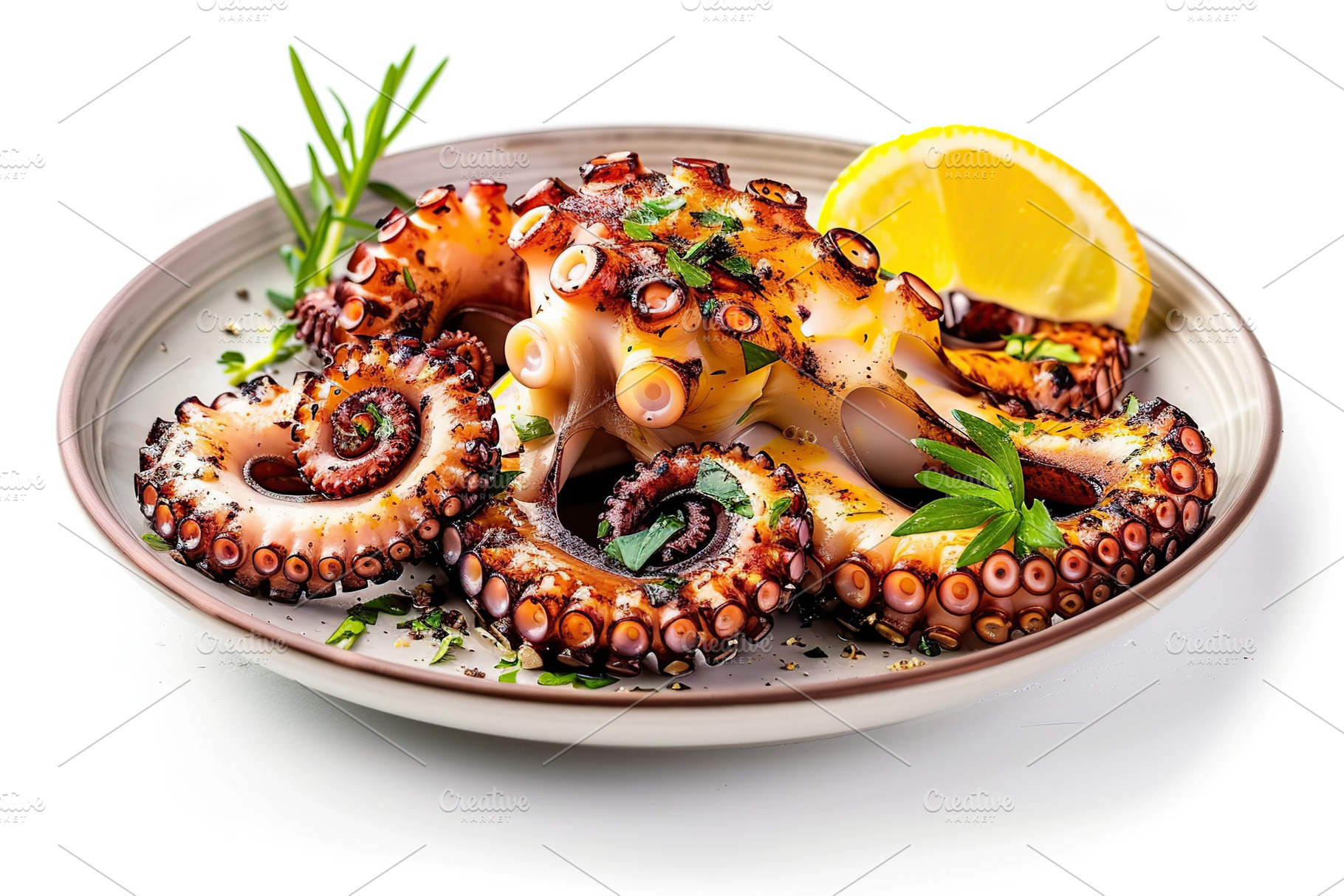Grilled octopus leg in plate isolated on white background, a Food & Drink Photo by AlyaAnd