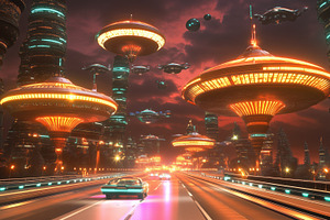 A futuristic cityscape featuring glowing, hovering structures and flying vehicl, an Arts & Entertainment Photo by Textures & Backgrounds