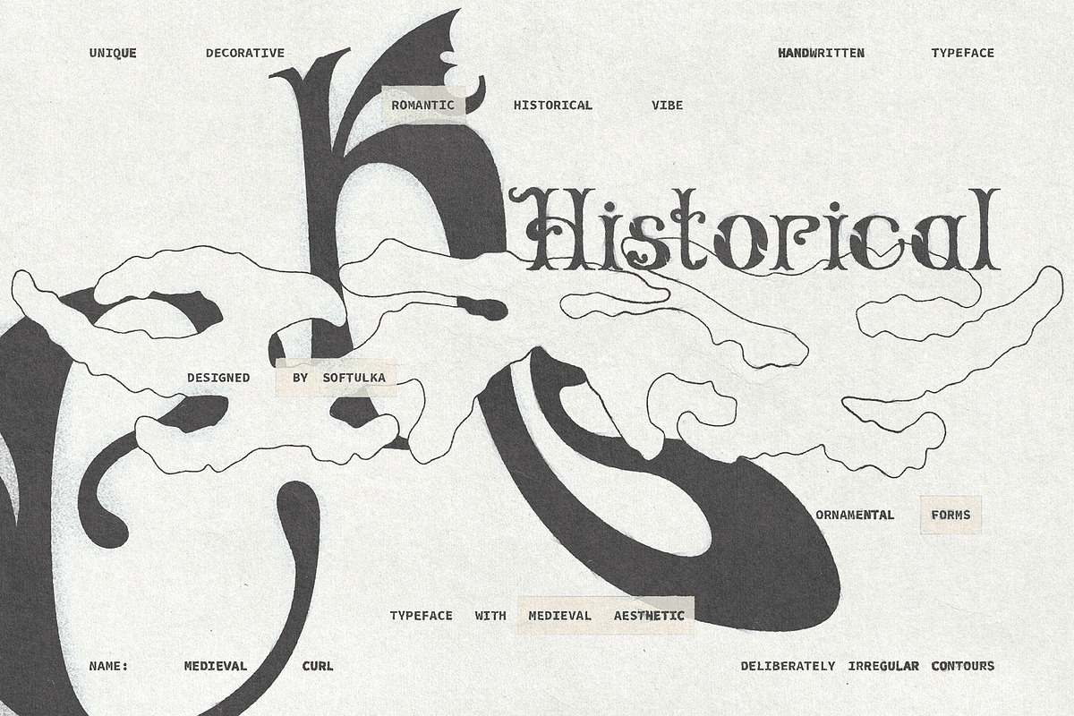 Medieval Curl Typeface, a Handwritten Font by softulka (Photo 2 of 8)
