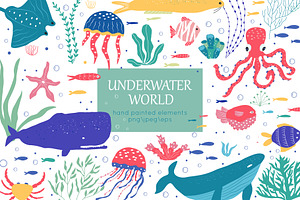 Underwater world. Hand drawn set
