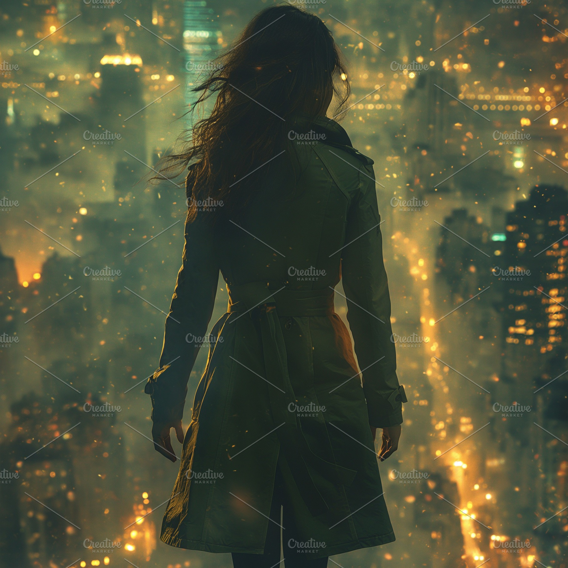 A female figure gazes over a vibrant, illuminated city skyline, shrouded in a m, a Person Photo by ImageMir