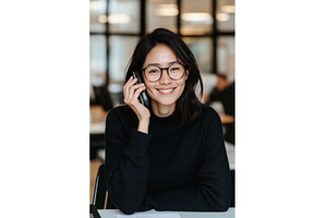 Asian businesswoman smiling while, a Person Photo by Sergey Kotenev