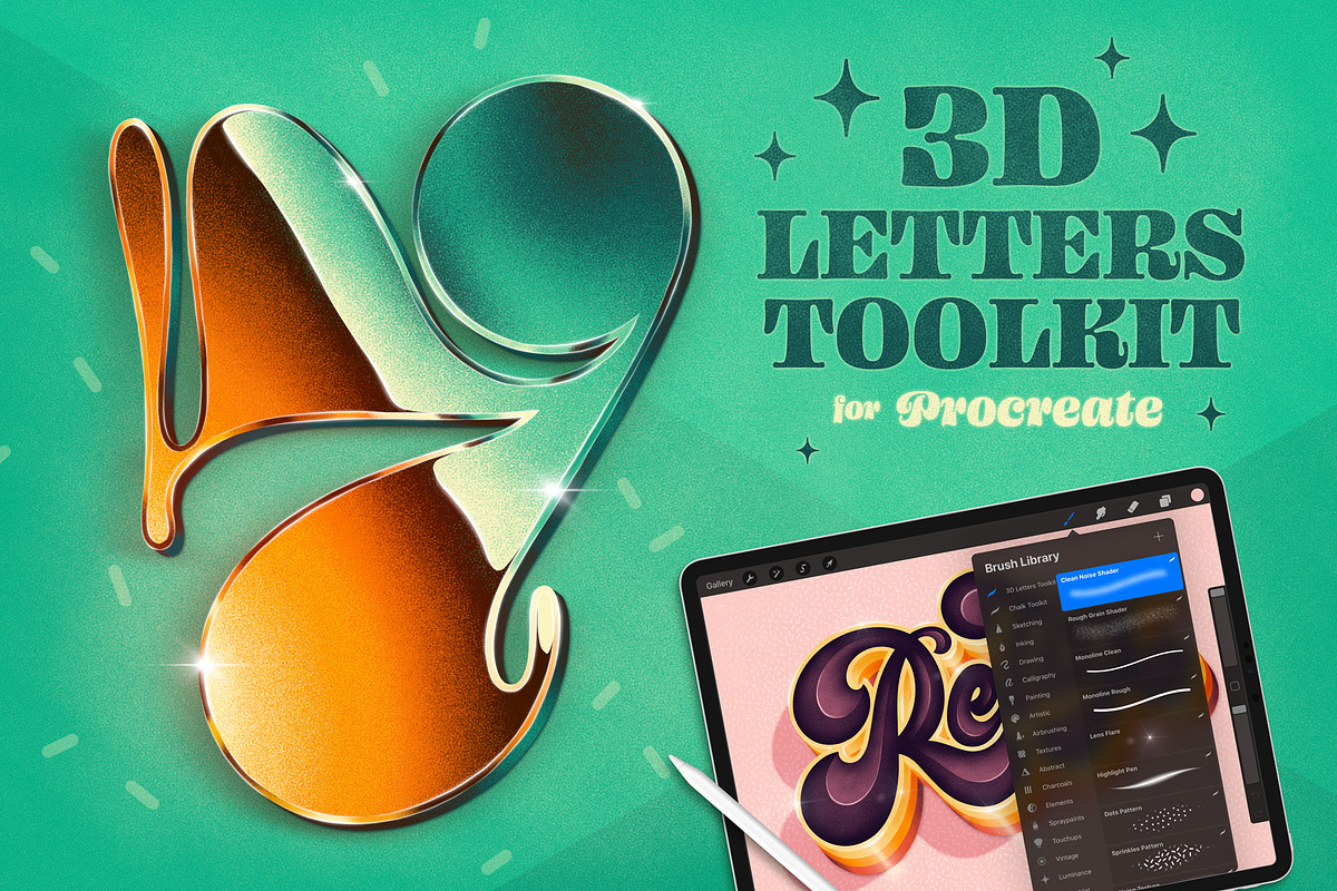 3D Letters Toolkit for Procreate, a Brush Add-On by Aurelie Maron (Photo 1 of 8)