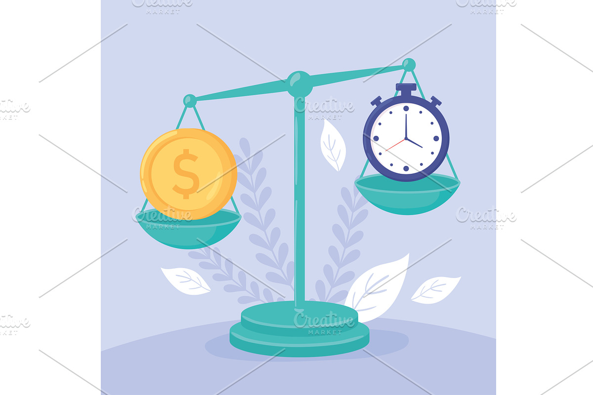 money and time on a balance scale, an Object Illustration by studiogstock