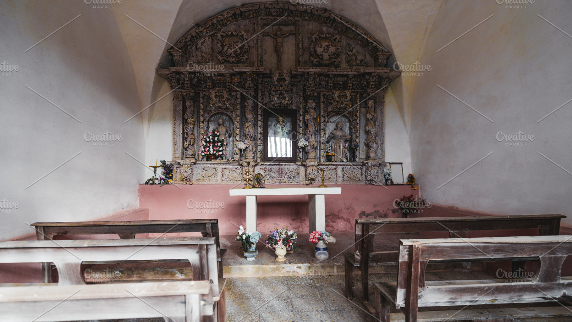 Rustic chapel altar with benches, an Architecture Photo by SkyNext