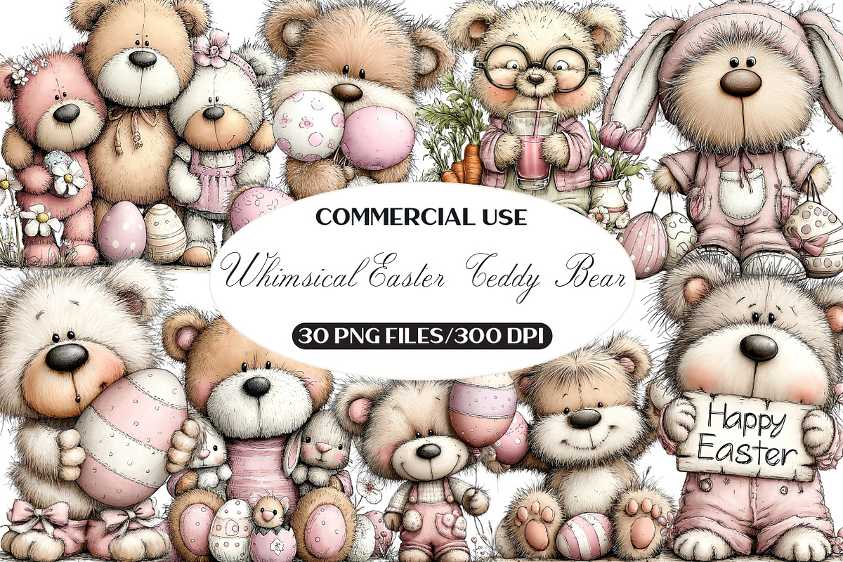 Whimsical Easter Teddy Bear Clipart, an Illustration by Black Bird Studio (Photo 1 of 6)