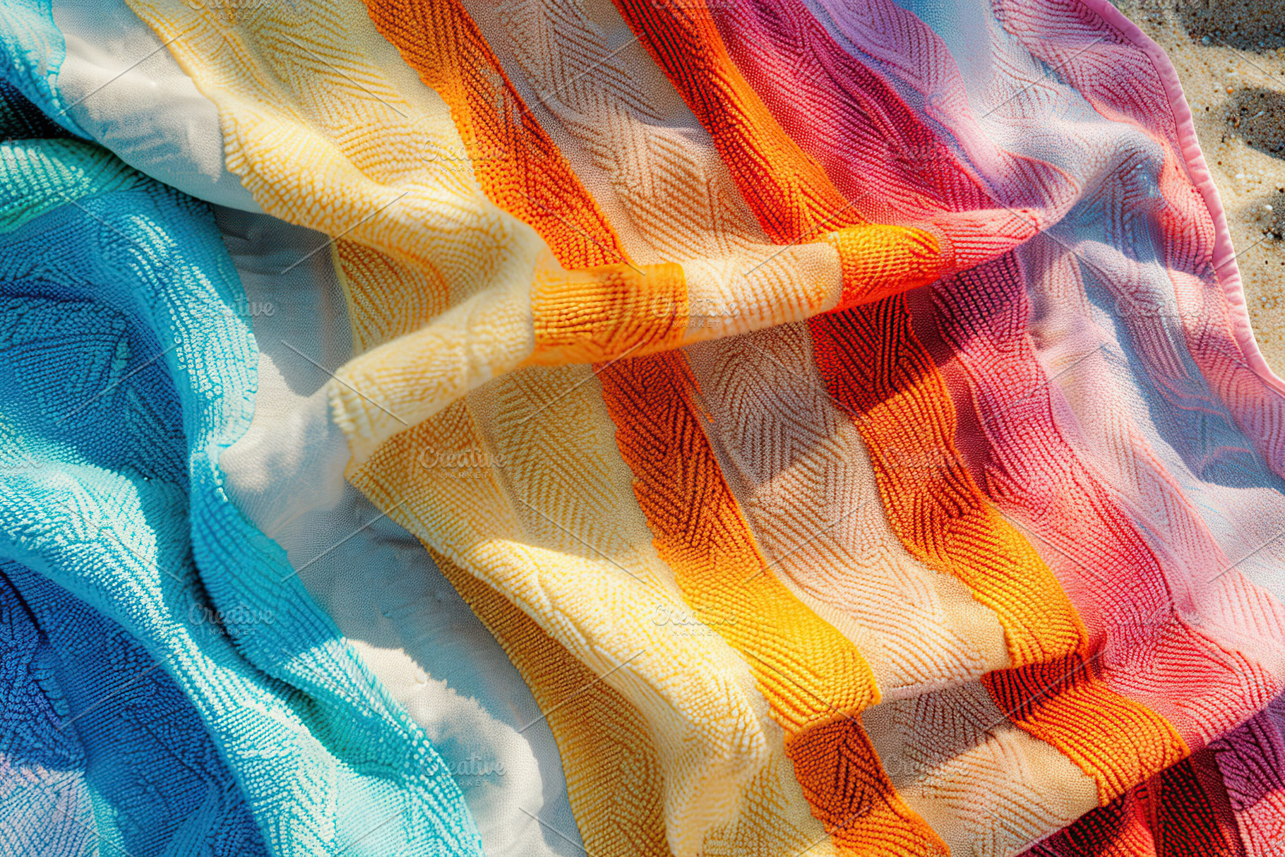Flat lay of fabric towel on beach sand, a Beauty & Fashion Photo by AlyaAnd