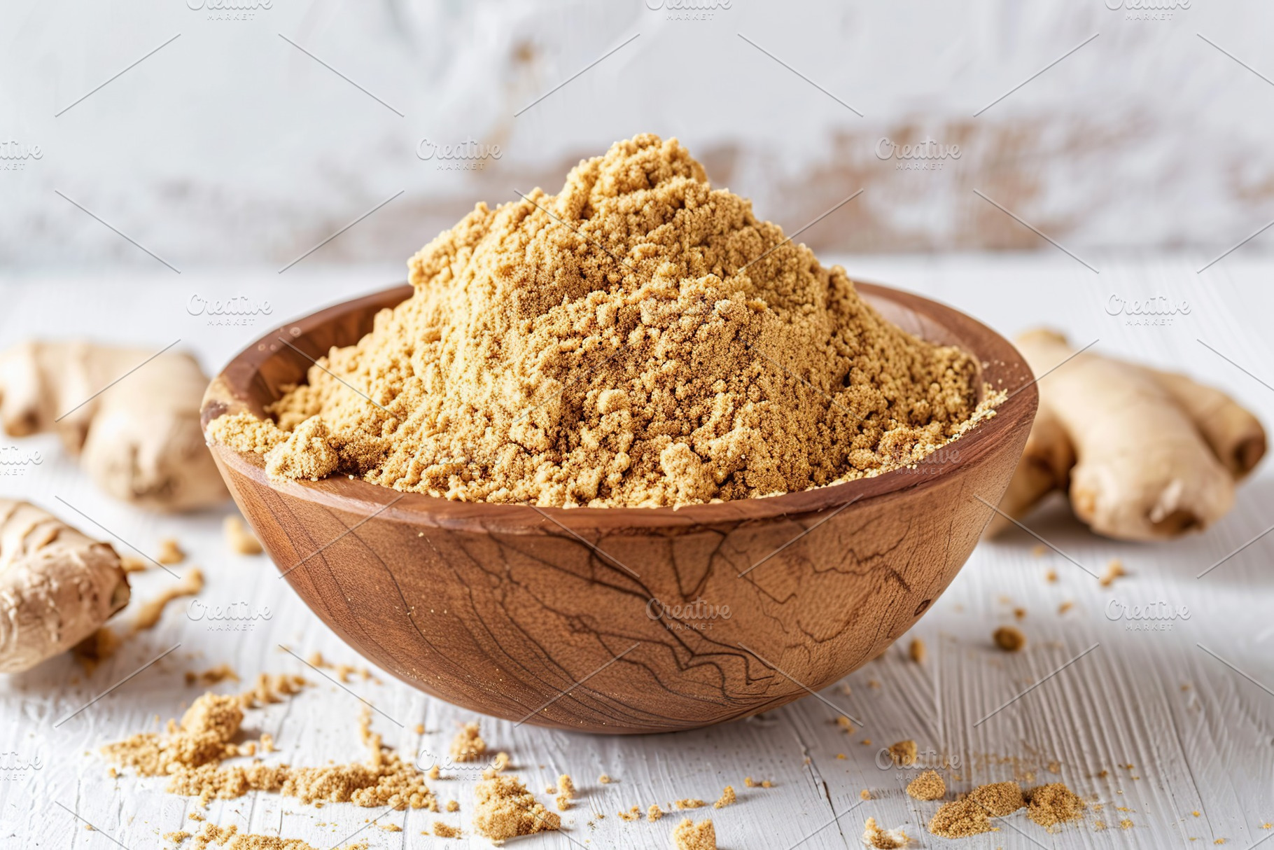 Ground dry ginger in bowl on wooden background, a Food & Drink Photo by AlyaAnd