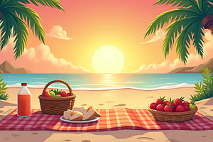 Design a calm sunset picnic scene wi, a Photo by LOGOCREATIVE