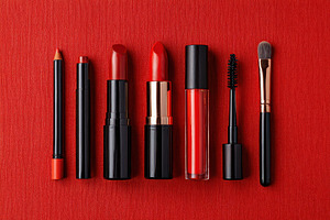 Arrangement of various red cosmetics, a Photo by Pavel_design