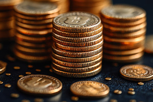 Close-up view of golden coins stacke, a Photo by Tanuart