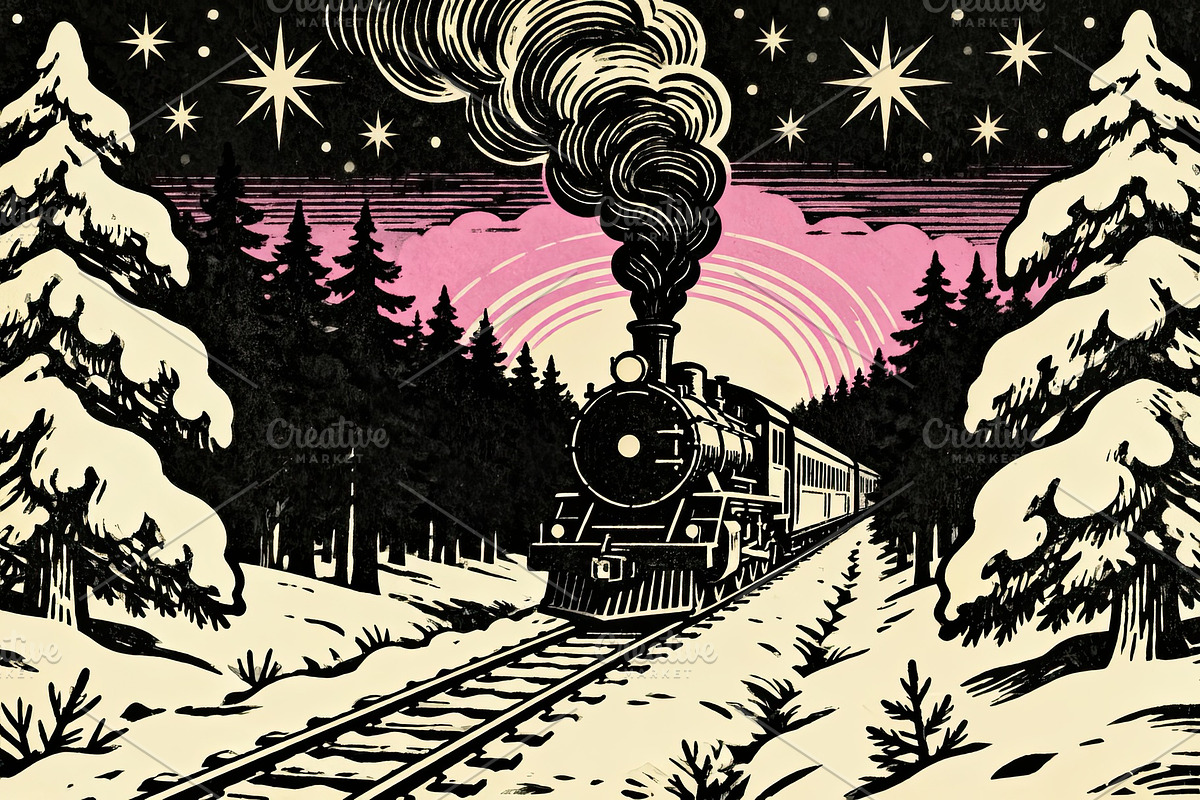 Vintage Woodcut Steam Train Journey, a Decorative Illustration by Virgo Studio