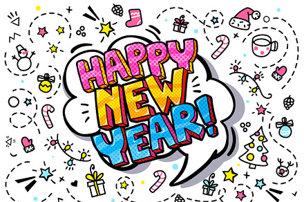 Happy New Year word bubble.