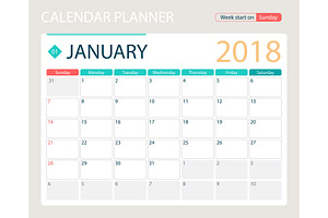 JANUARY 2018, Illustration Vector Calendar Or Desk Planner, Weeks Start On Sunday