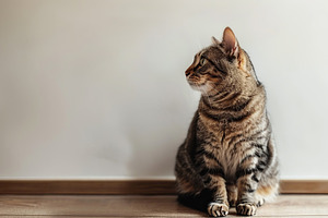 Cute cat sitting on floor near blank wall, an Animal Photo by AlyaAnd