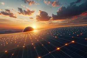 A futuristic landscape featuring solar panels extending towards the horizon, il, a Technology Photo by Textures & Backgrounds