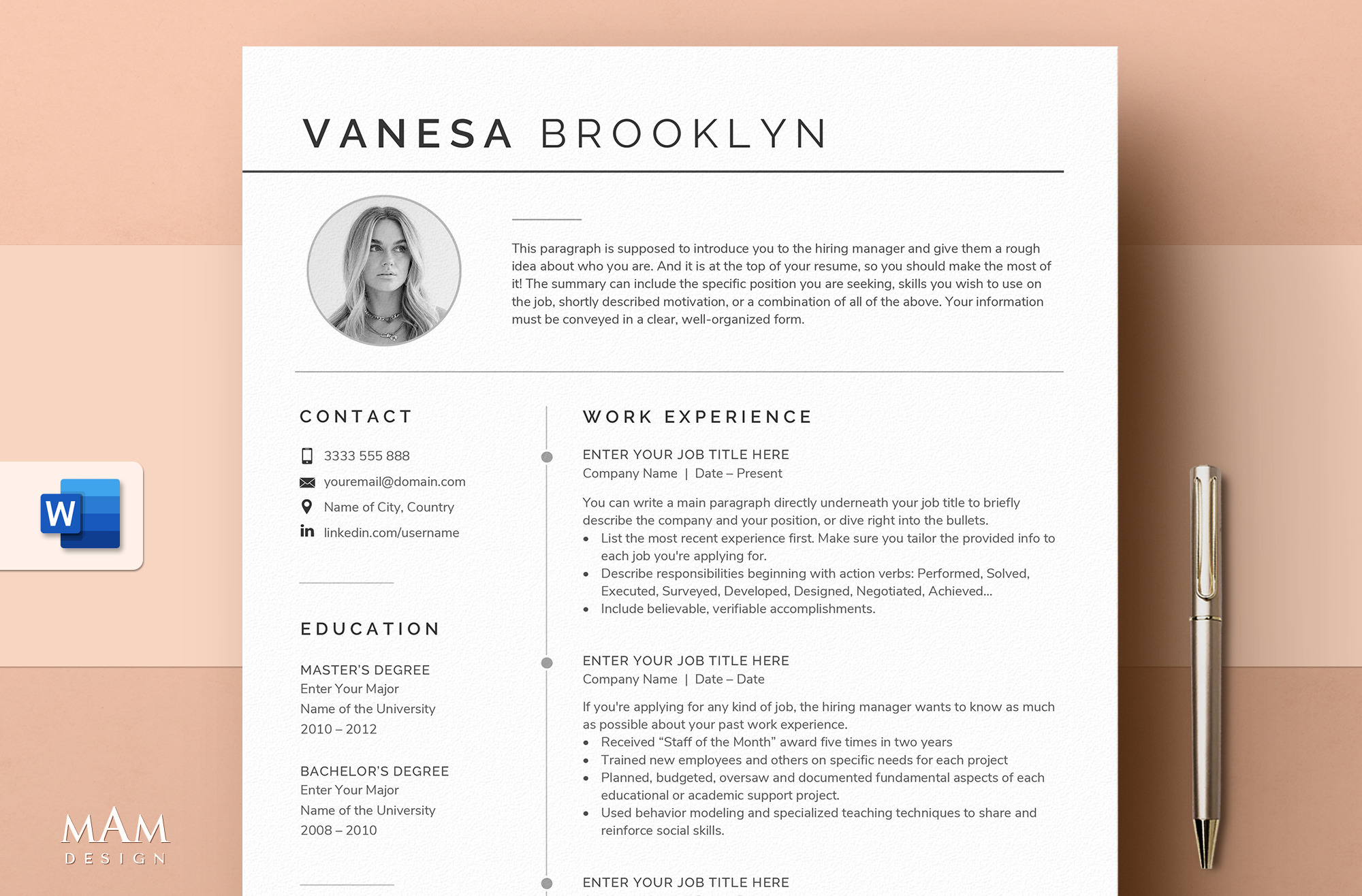 Resume Template with photo for Word, a Resume Template by MAM Design