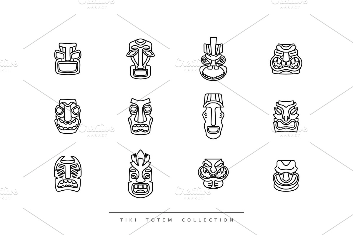 Collection Tiki Totem in linear style vector illustration, a Decorative Illustration by Modern vector