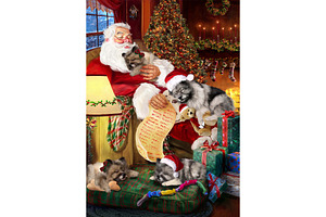 Santa Sleeping with Keeshond Dog Art