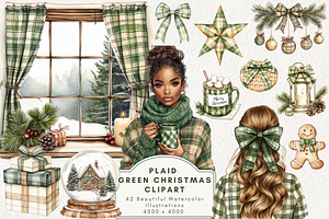 Plaid Green Christmas Clipart, an Illustration by NadiaTheronArt