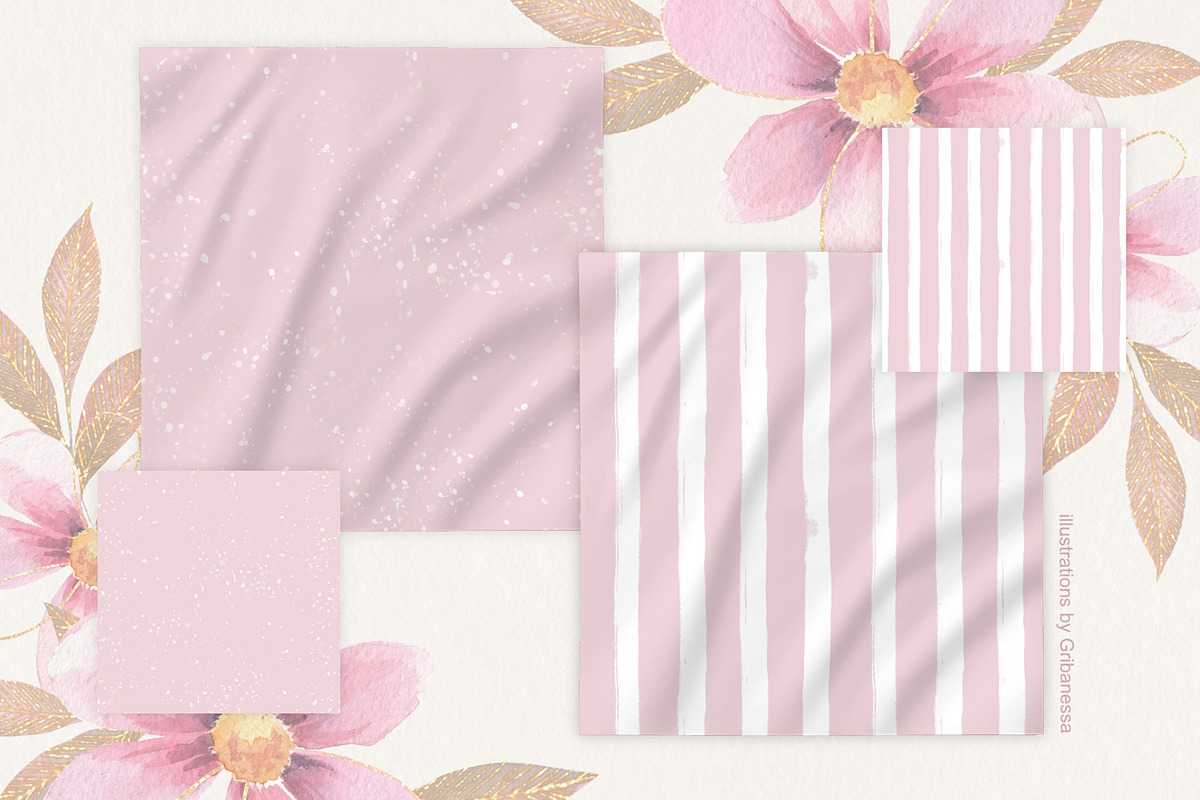 Pink Watercolor Flowers & Gold, a Decorative Illustration by Gribanessa (Photo 7 of 13)