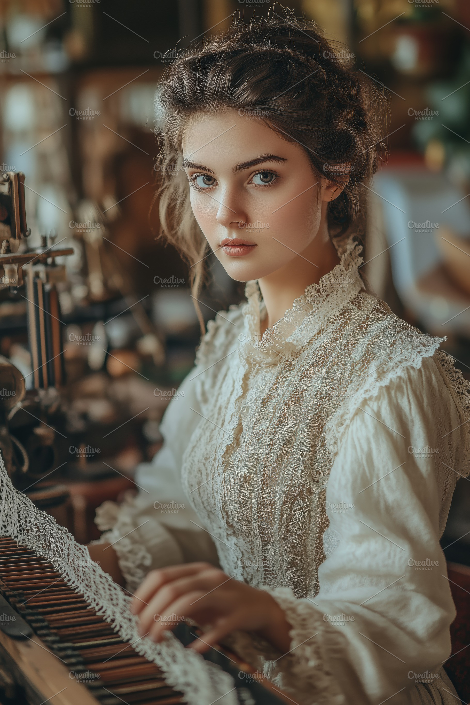 A young lacemaker woman in vintage attire sits at an antique sewing machine, su, a Person Photo by Textures & Backgrounds