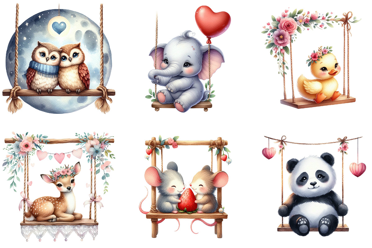 Valentines Animals on Swings Clipart, a Seasonal Illustration by DreamArtGraphic (Photo 2 of 5)