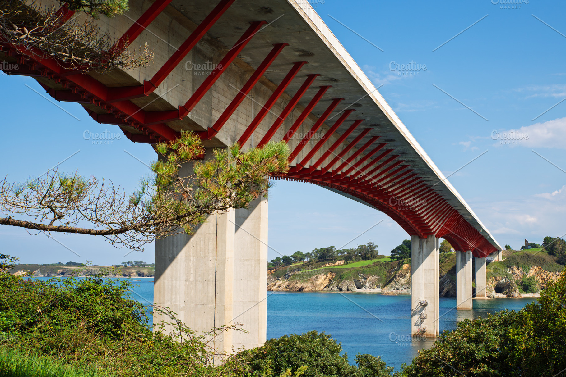Modern bridge with a red structure o, an Architecture Photo by Perpis