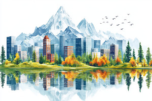 Cityscape reflected in lake autumn t, a Photo by Pixeness Studio