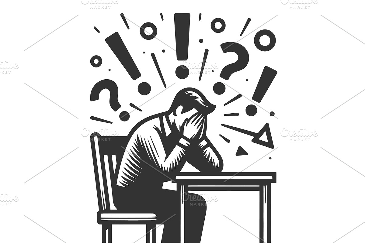 Stressed Man Sitting with Confusion, a Person Illustration by AlexArt