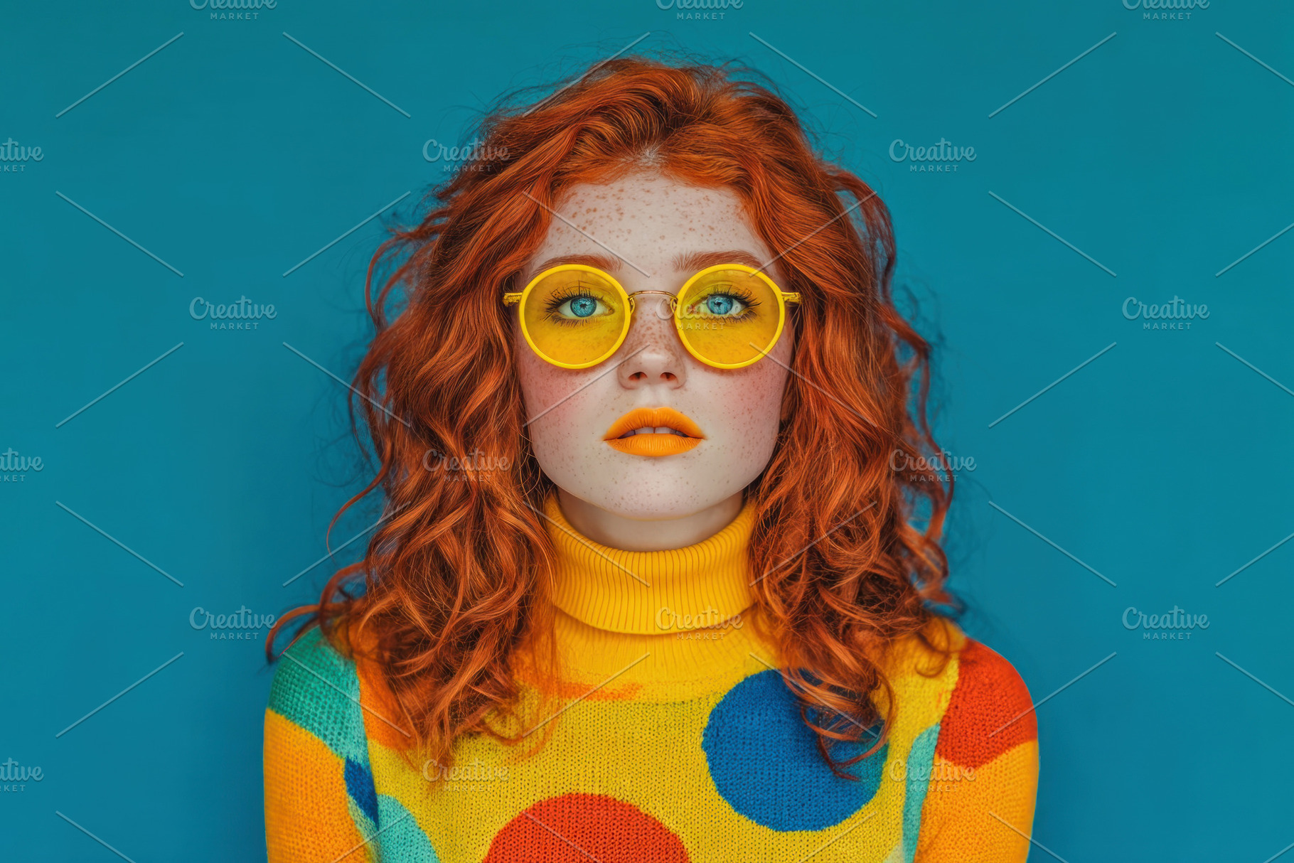 Fashionable young woman with curly red hair in yellow sunglasses, a Photo by José Manuel Gelpi